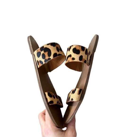 J CREW Sz 8 Leopard Calf Hair Leather Sandals Summer Beach Pool Slide Flats Tan - Picture 7 of 11